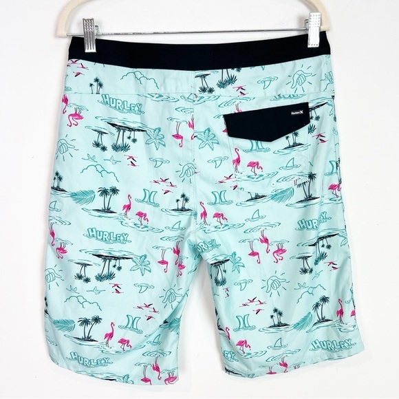 HURLEY GREEN FLAMINGO PRINT SWIM BOARD SURF SHORTS MENS SZ 30 - Picture 2 of 4